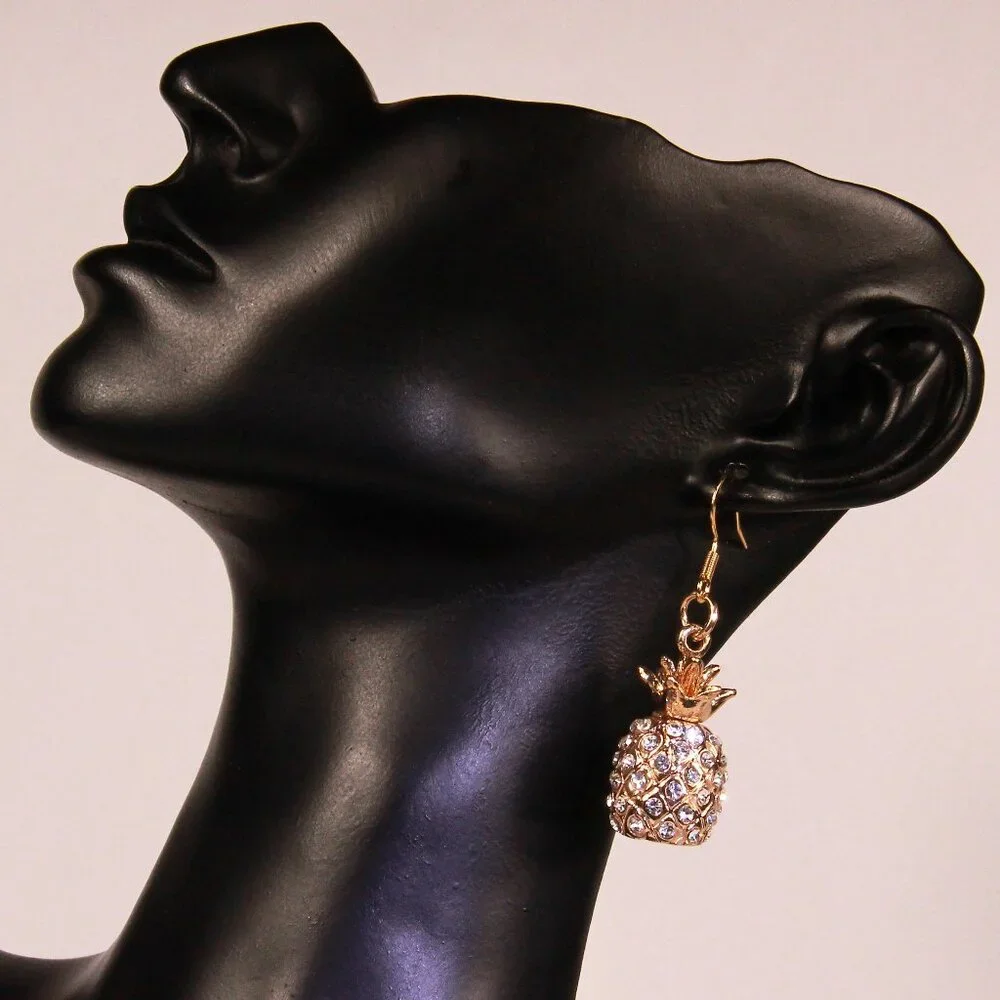 NWOT Gold Pineapple and Rhinestones Drop Earrings - Picture 4 of 8
